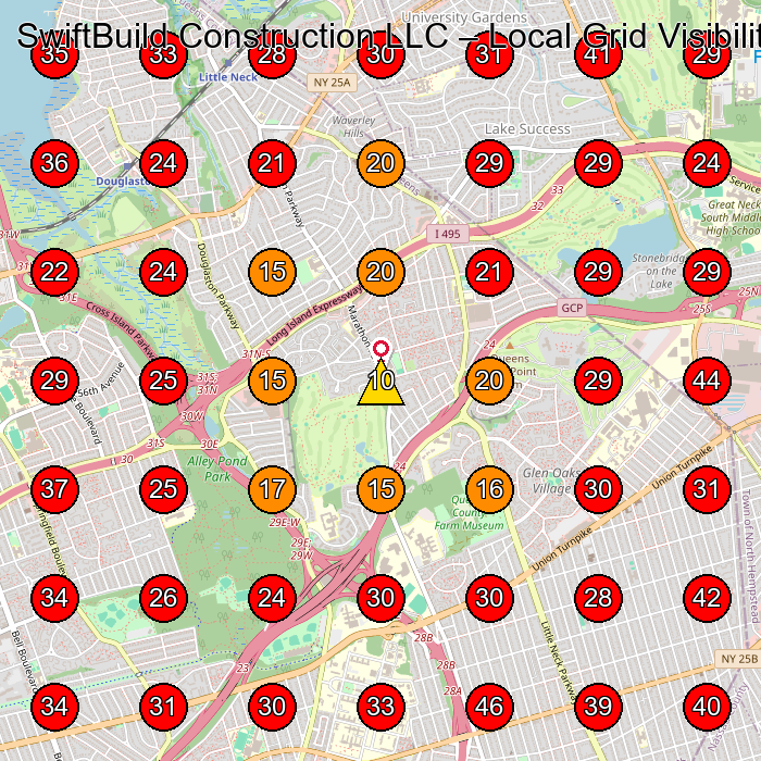 SwiftBuild Construction LLC GeoGrid visibility map for Roofing Contractor in Queens